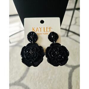Kay Lee Black Beaded Flower Earrings NWT